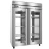 Commercial stainless steel double-door refrigerator with glass doors, interior shelves, and casters for mobility.