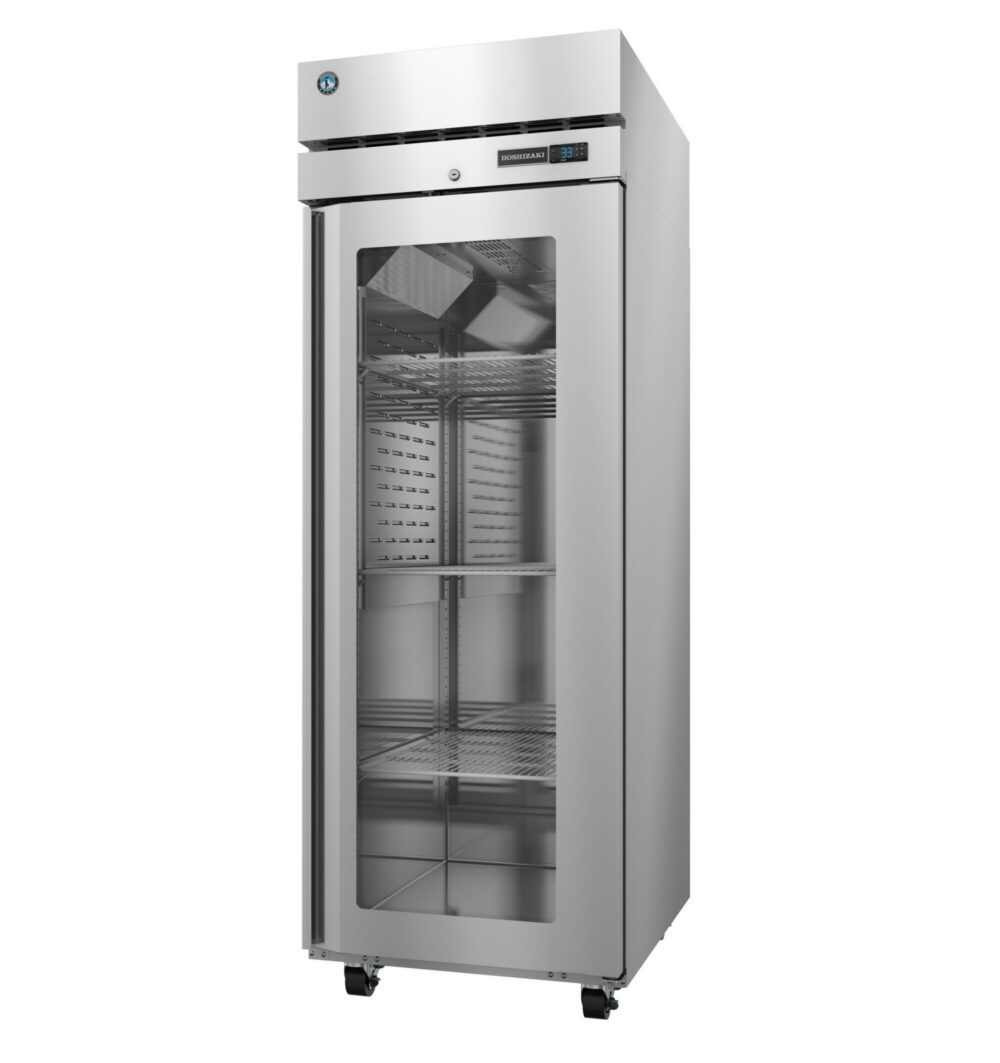 A commercial stainless steel refrigerator with a glass door, digital display, and metal shelves, standing on wheels.