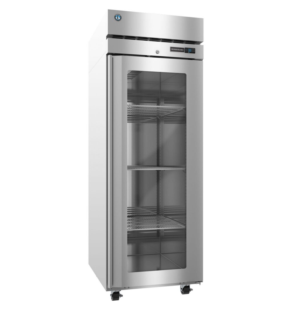 A commercial stainless steel refrigerator with a glass door and wire shelves, shown on caster wheels against a plain background.