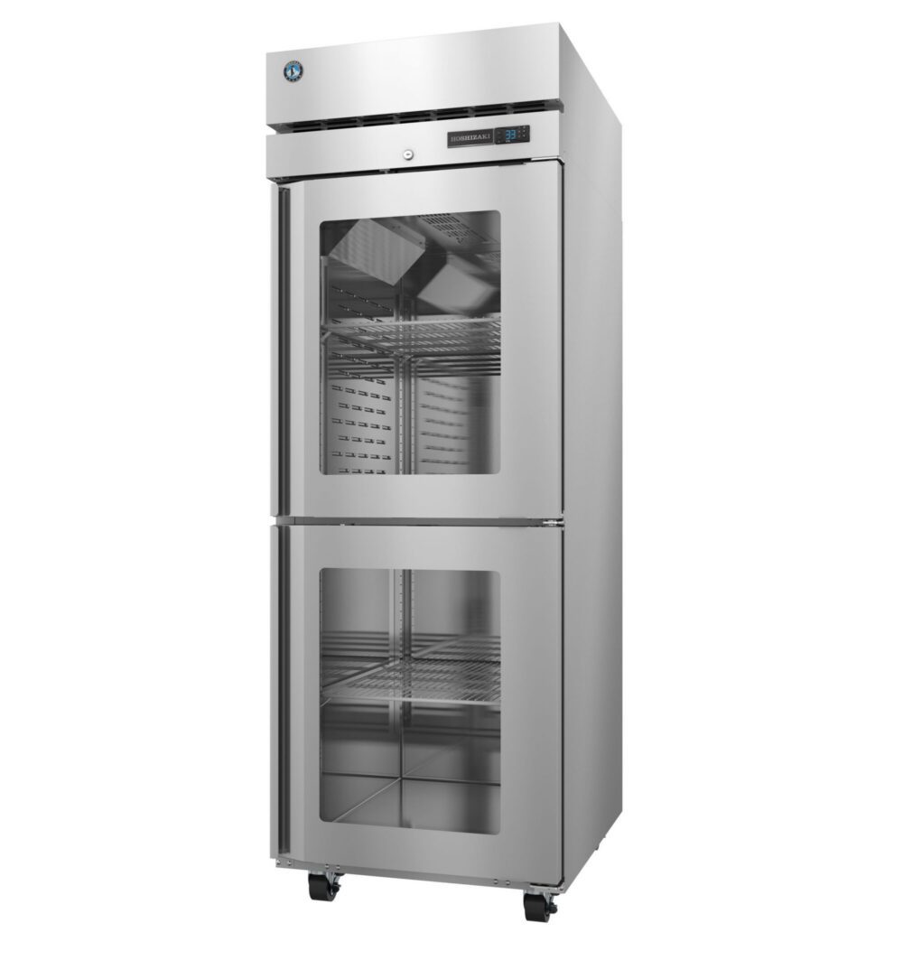 A stainless steel, two-door commercial refrigerator with glass doors, interior wire shelves, digital control panel, and casters for mobility.