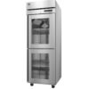 A stainless steel, two-door commercial refrigerator with glass doors, interior wire shelves, digital control panel, and casters for mobility.
