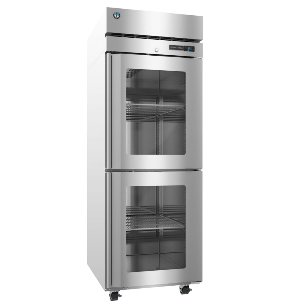 Stainless steel commercial refrigerator with two glass doors, wire shelves, digital control panel, and casters for mobility.