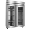 A stainless steel commercial refrigerator with double glass doors, interior shelves, and digital display, shown on caster wheels against a white background.