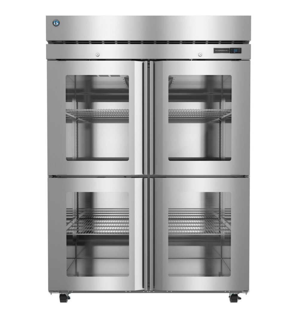 Stainless steel commercial refrigerator with four glass doors, interior shelving, and a digital temperature display on the upper right.