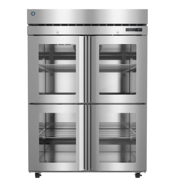 Stainless steel commercial refrigerator with four glass doors, interior shelving, and a digital temperature display on the upper right.