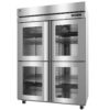Commercial stainless steel refrigerator with four glass doors, visible shelves inside, digital control panel, and caster wheels.