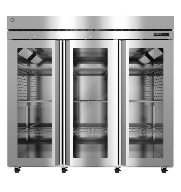 A commercial stainless steel three-door glass display refrigerator with empty shelves and interior lighting, shown on wheels.