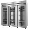 Three-door commercial stainless steel refrigerator with glass doors and shelves, featuring a digital display on the top right corner.