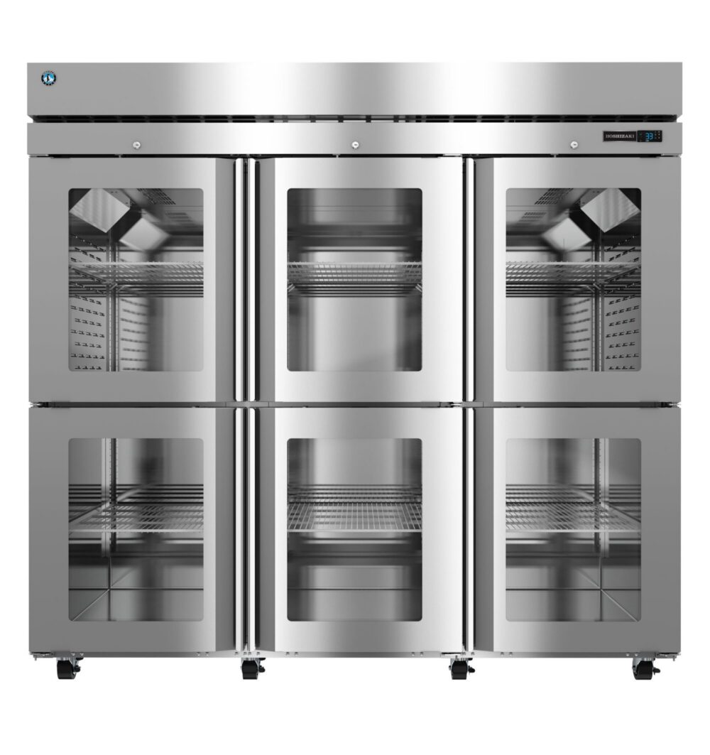 Six-door commercial stainless steel refrigerator with glass doors, interior shelving, and digital temperature display in the upper right corner.