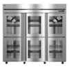 Six-door commercial stainless steel refrigerator with glass doors, interior shelving, and digital temperature display in the upper right corner.