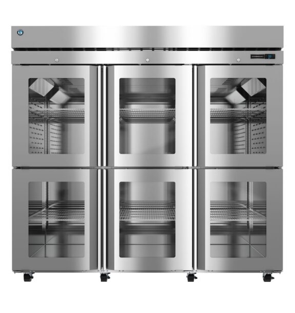 Six-door commercial stainless steel refrigerator with glass doors, interior shelving, and digital temperature display in the upper right corner.