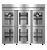 Six-door commercial stainless steel refrigerator with glass doors, interior shelving, and digital temperature display in the upper right corner.