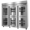 Large commercial stainless steel refrigerator with six glass doors, wire shelves, digital temperature display, and wheels at the base.