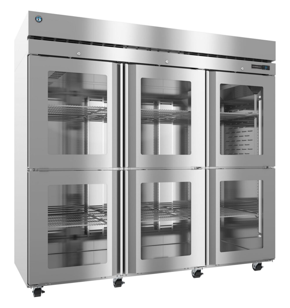 Stainless steel commercial refrigerator with six glass doors, interior shelving, and caster wheels, suitable for restaurant or industrial kitchens.