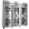 Stainless steel commercial refrigerator with six glass doors, interior shelving, and caster wheels, suitable for restaurant or industrial kitchens.
