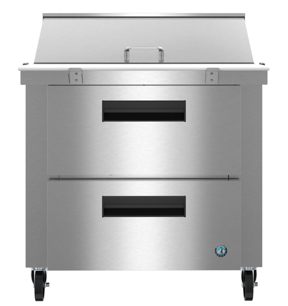 Stainless steel commercial kitchen refrigerator with two pull-out drawers, a lidded top section, and four caster wheels.