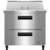 Stainless steel commercial kitchen refrigerator with two pull-out drawers, a lidded top section, and four caster wheels.