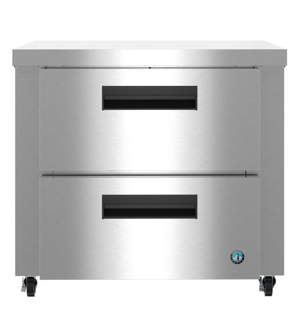 Stainless steel commercial refrigeration unit with two pull-out drawers, black handles, and caster wheels.