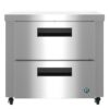 Stainless steel commercial refrigeration unit with two pull-out drawers, black handles, and caster wheels.