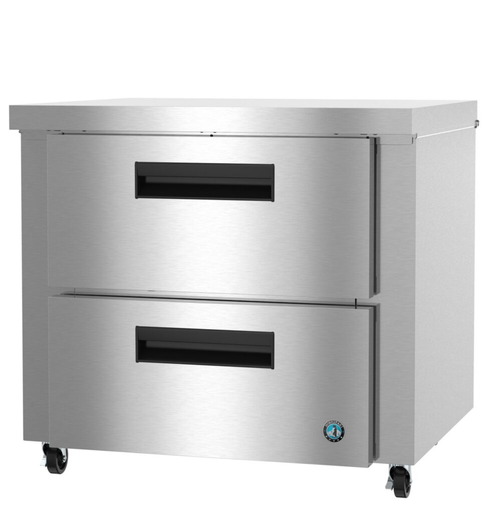 A stainless steel commercial refrigerator with two pull-out drawers and black handles, mounted on wheels.