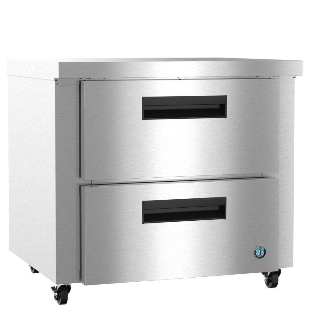 A stainless steel commercial refrigerator with two pull-out drawers and black handles, on four caster wheels.