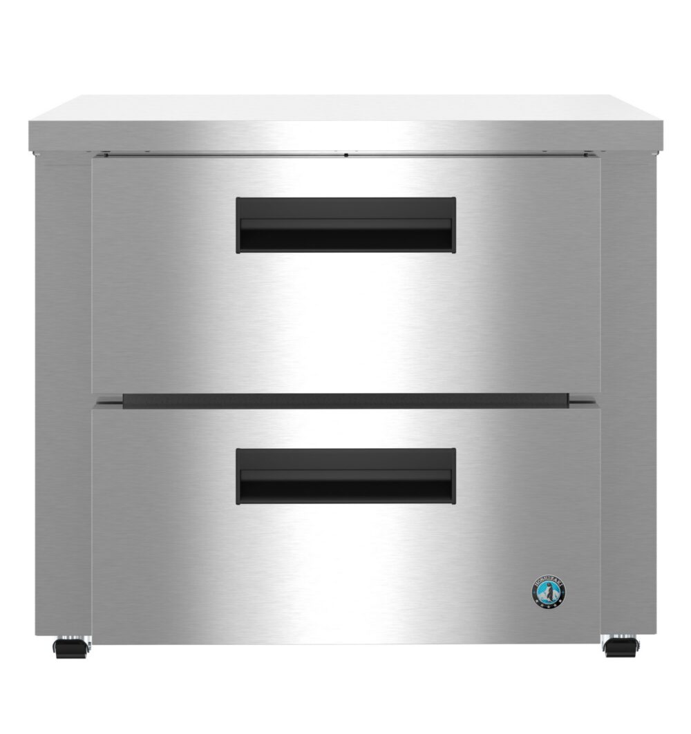 Stainless steel two-drawer undercounter refrigerator with black handles, shown from the front on small casters.
