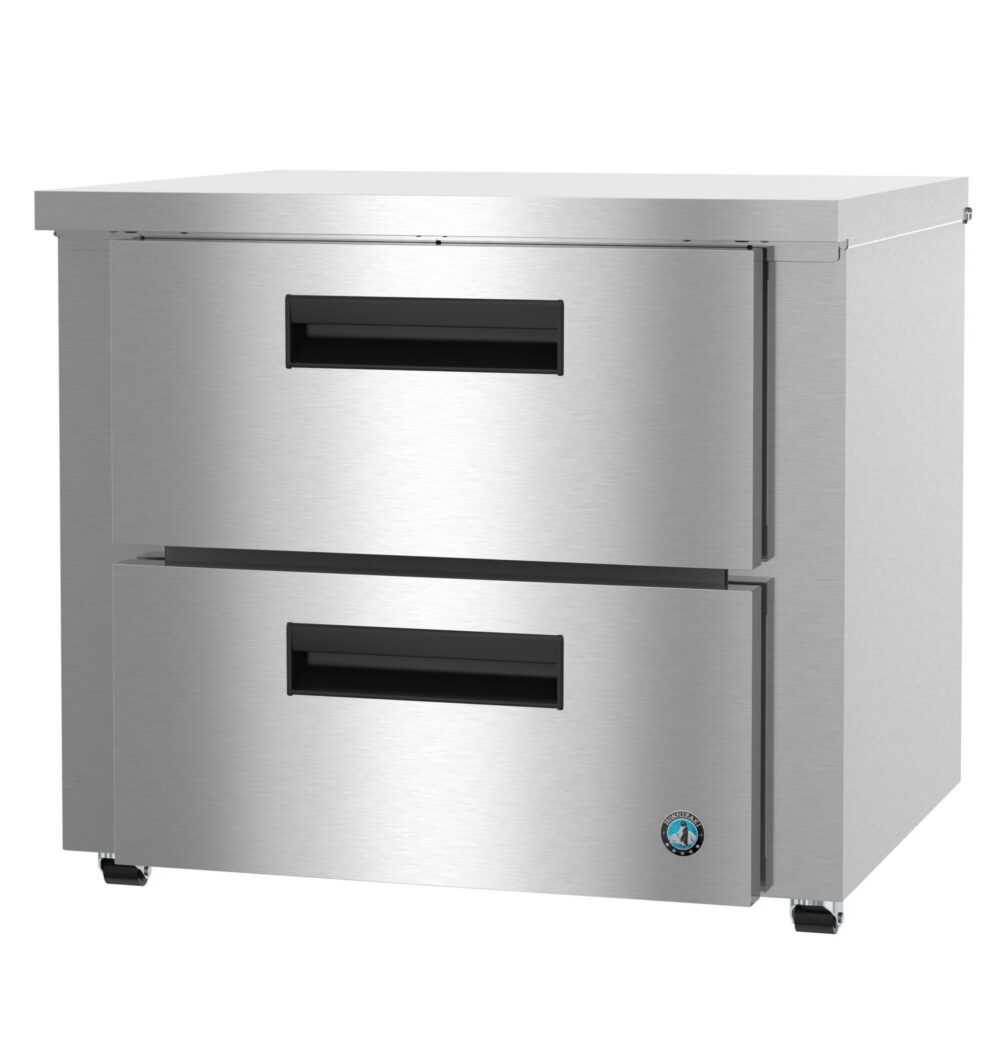 Stainless steel commercial refrigerated chef base with two pull-out drawers and a flat top surface.