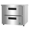 Stainless steel commercial refrigerated chef base with two pull-out drawers and a flat top surface.