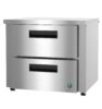 Stainless steel commercial refrigerated chef base with two pull-out drawers and a flat top surface.