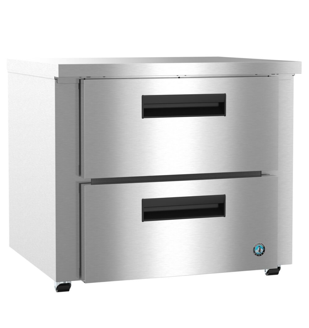 Stainless steel commercial refrigerator with two pull-out drawers and black handles, designed for use in professional kitchens.