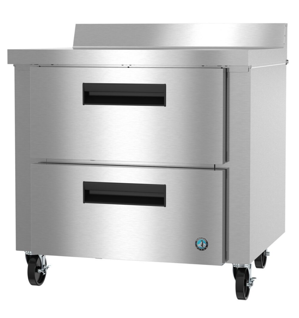 Stainless steel commercial refrigerator with two pull-out drawers on wheels, suitable for kitchen or food service use.