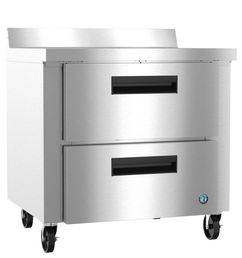 A stainless steel commercial refrigerator with two large pull-out drawers and four caster wheels.