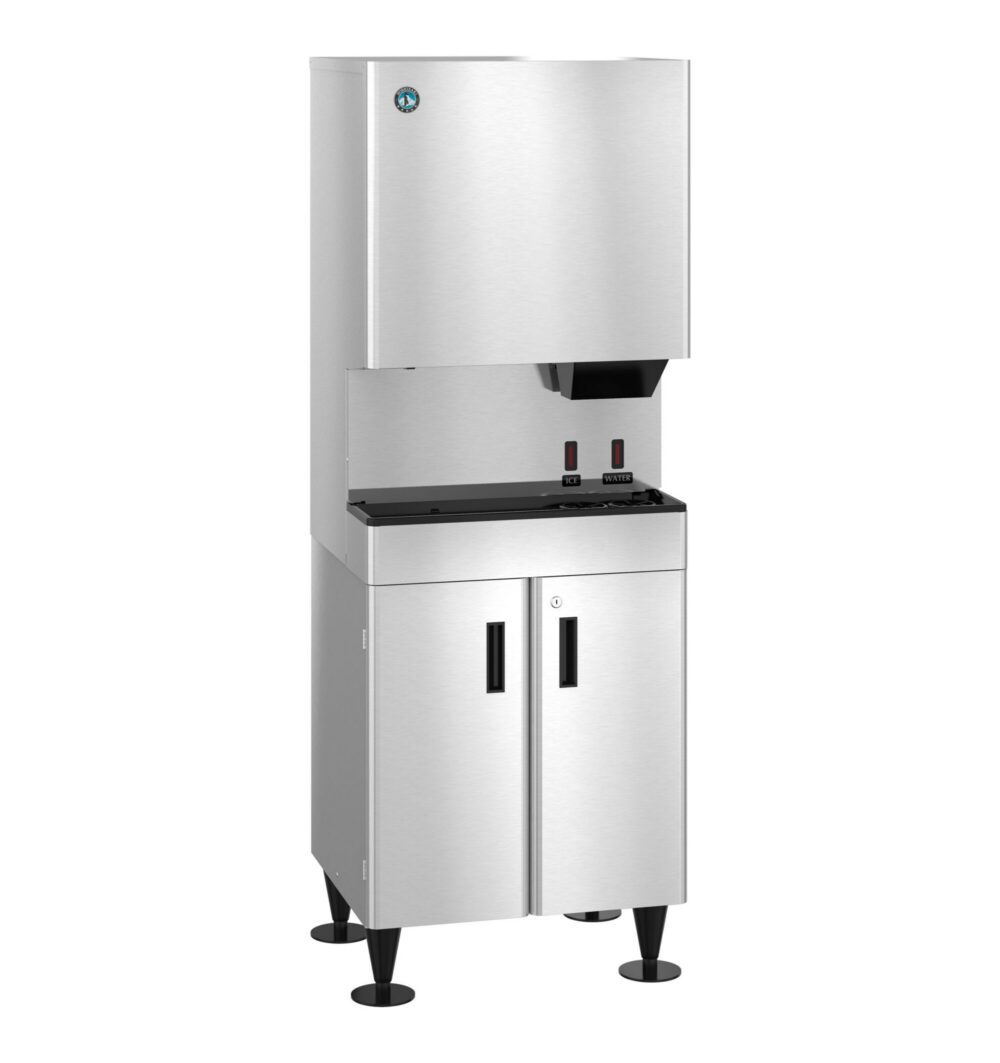 A commercial stainless steel ice machine with a top ice dispenser, control panel, and double-door storage compartment on black legs.