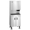 A commercial stainless steel ice machine with a top ice dispenser, control panel, and double-door storage compartment on black legs.