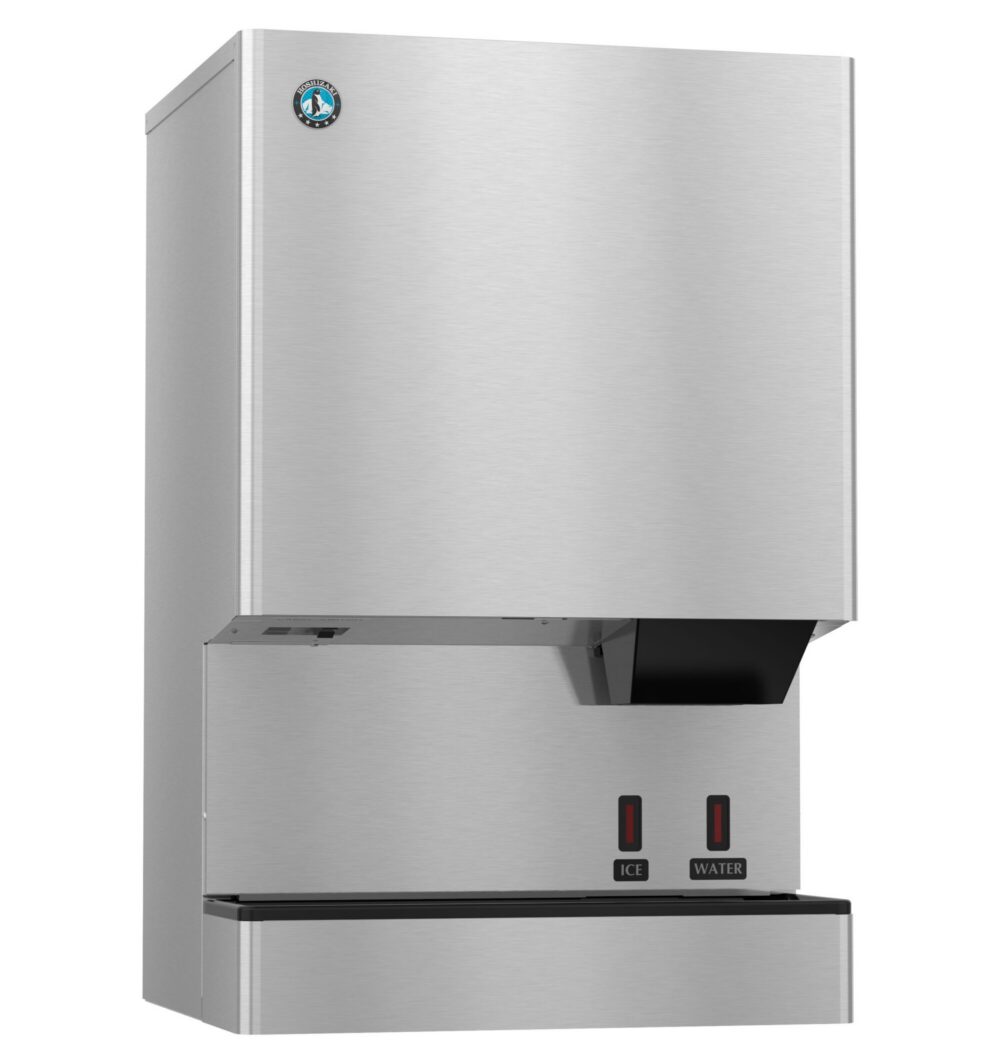 Stainless steel commercial ice and water dispenser with labeled push buttons for ice and water.
