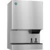 Stainless steel commercial ice and water dispenser with labeled push buttons for ice and water.