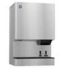 Stainless steel commercial ice and water dispenser with labeled push buttons for ice and water.