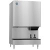 Commercial stainless steel ice and water dispenser with two labeled push buttons on front for ice and water, standing on four legs.