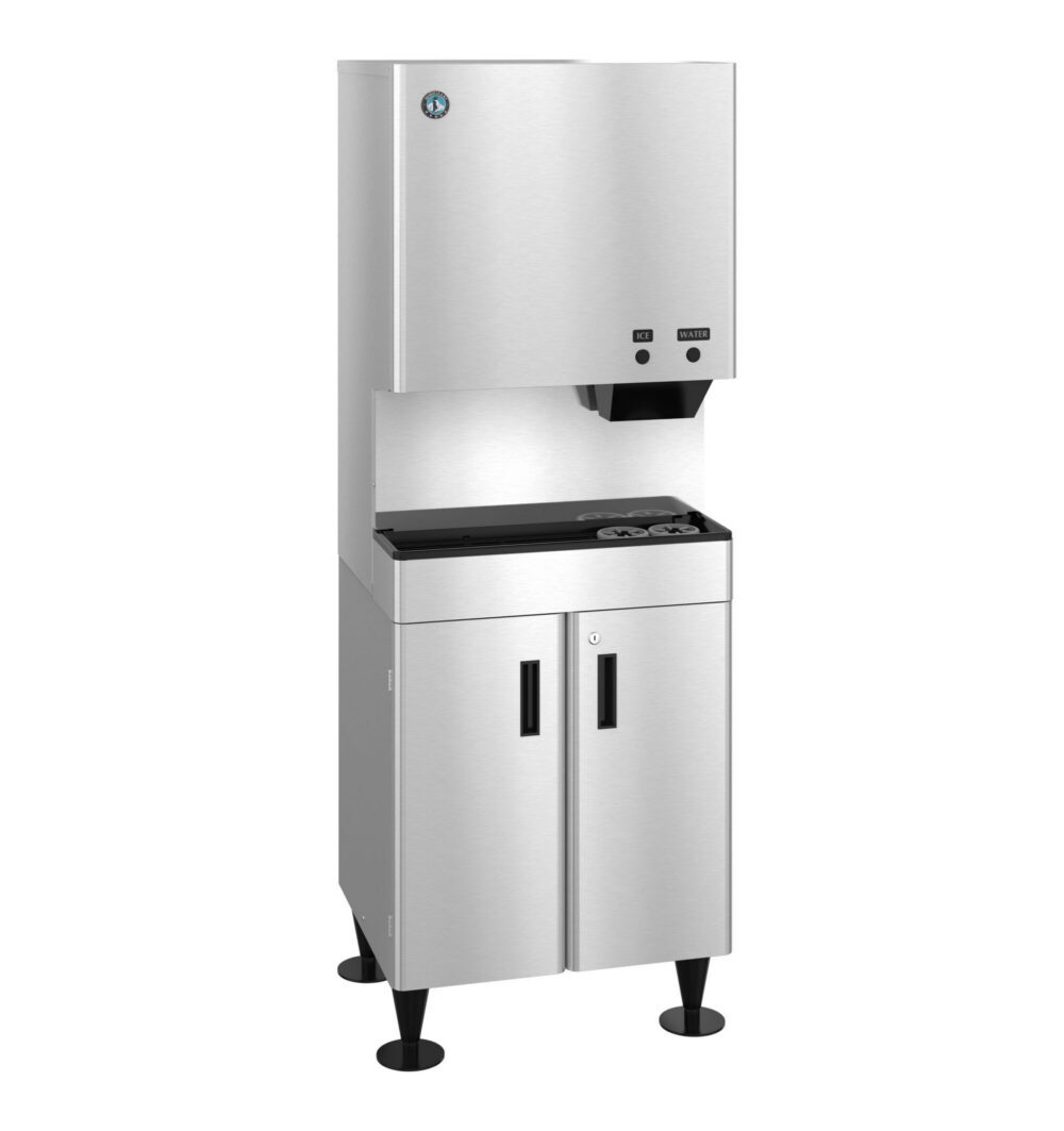 Stainless steel commercial ice dispenser with a top-mounted ice chute, sensor controls, and double-door storage cabinet below.