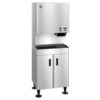 Stainless steel commercial ice dispenser with a top-mounted ice chute, sensor controls, and double-door storage cabinet below.