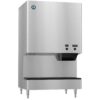 Stainless steel ice and water dispenser with a push-button interface, elevated on four legs, designed for commercial or industrial use.