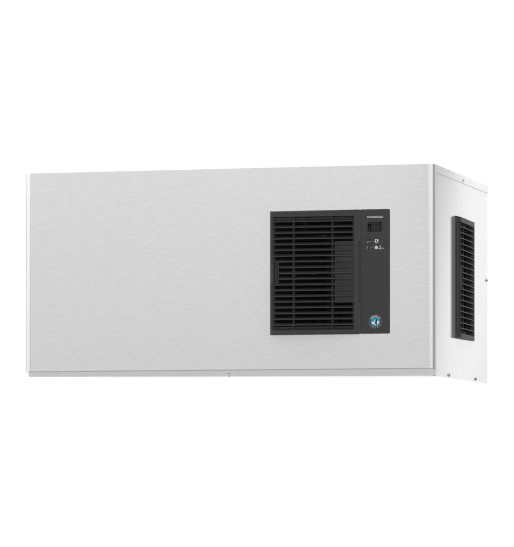 Rectangular wall-mounted air conditioning unit with a metal finish, front-facing vent, control panel, and side ventilation.