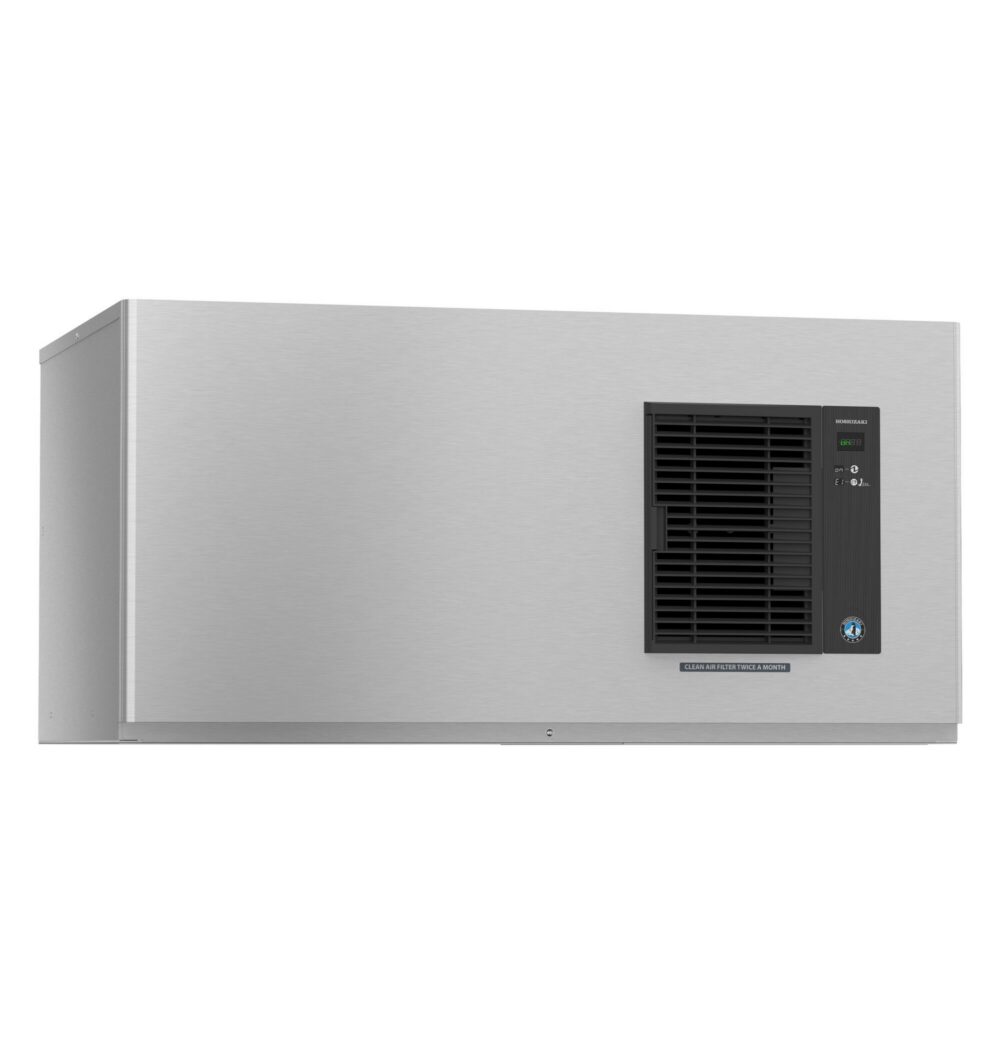 A commercial stainless steel ice machine with a black vented panel and control buttons on the front.