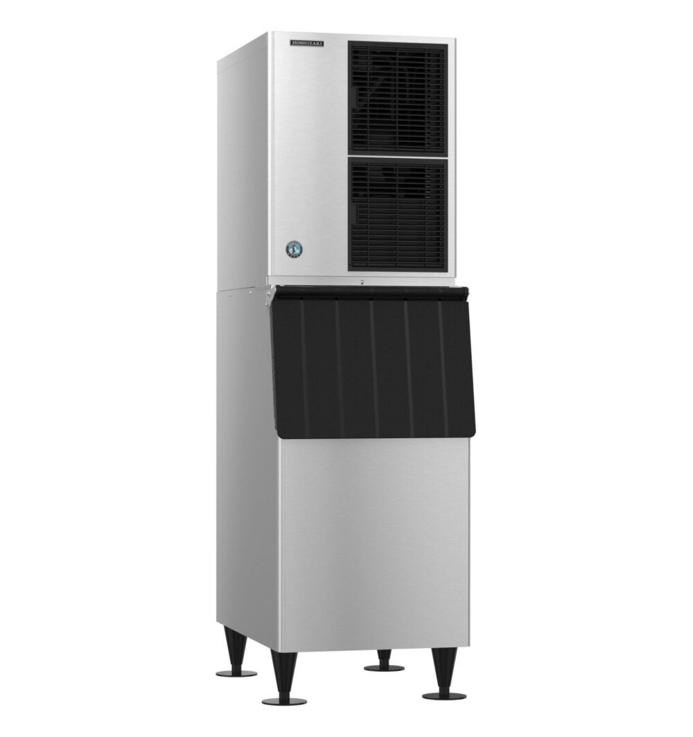 A commercial stainless steel ice maker machine with a black bin and four legs, standing upright on a white background.