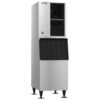 A commercial stainless steel ice maker machine with a black bin and four legs, standing upright on a white background.