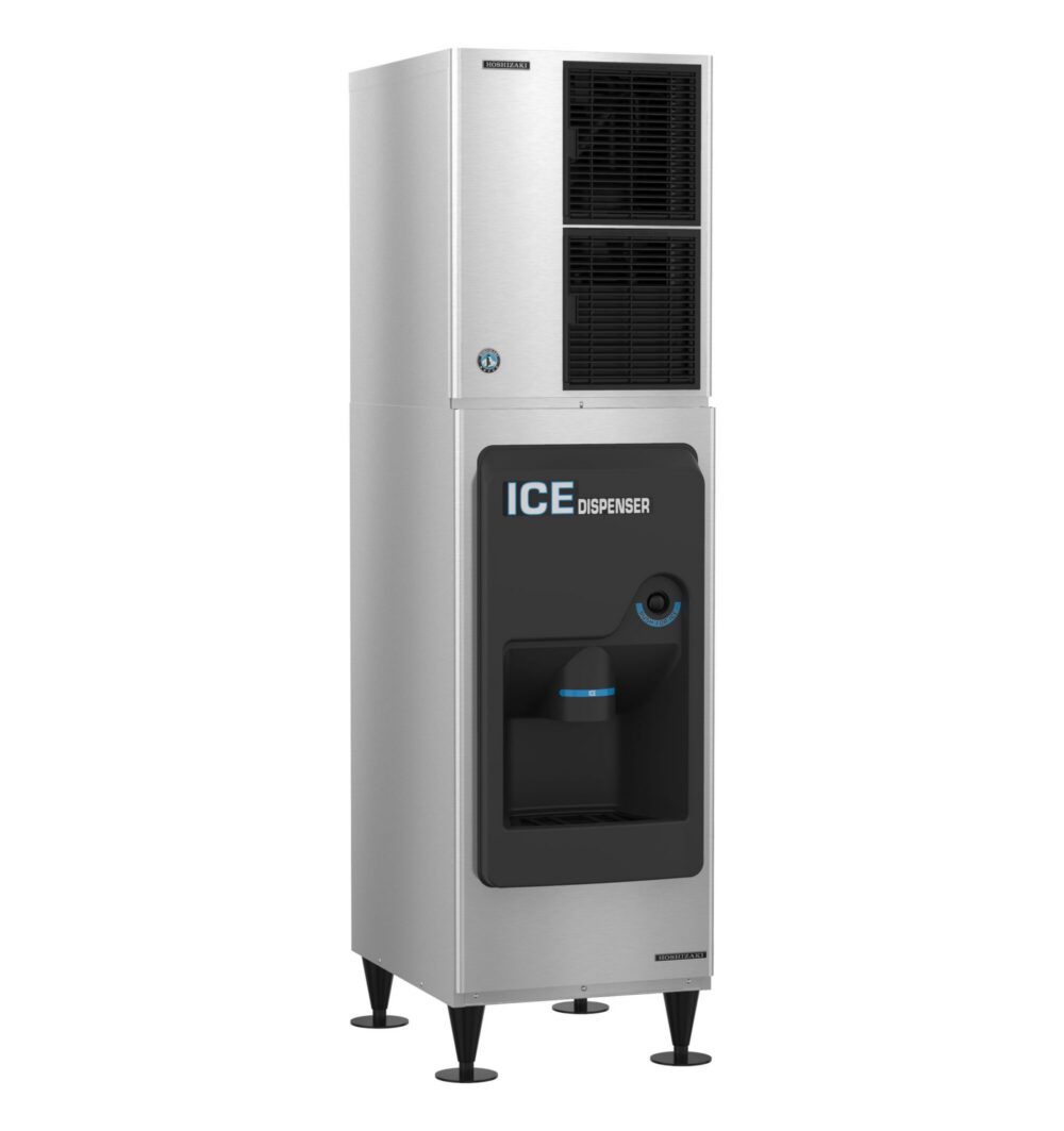 A commercial stainless steel ice dispenser with a front dispensing area and labeled 