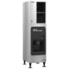 A commercial stainless steel ice dispenser with a front dispensing area and labeled "ICE Dispenser" in white and blue text.