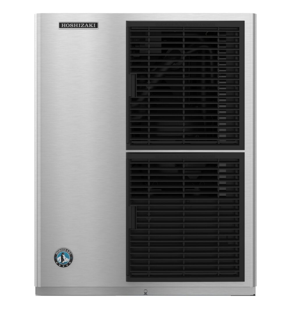 Front view of a stainless steel Hoshizaki commercial ice machine with two black ventilation grilles and company logo.