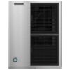 Front view of a stainless steel Hoshizaki commercial ice machine with two black ventilation grilles and company logo.