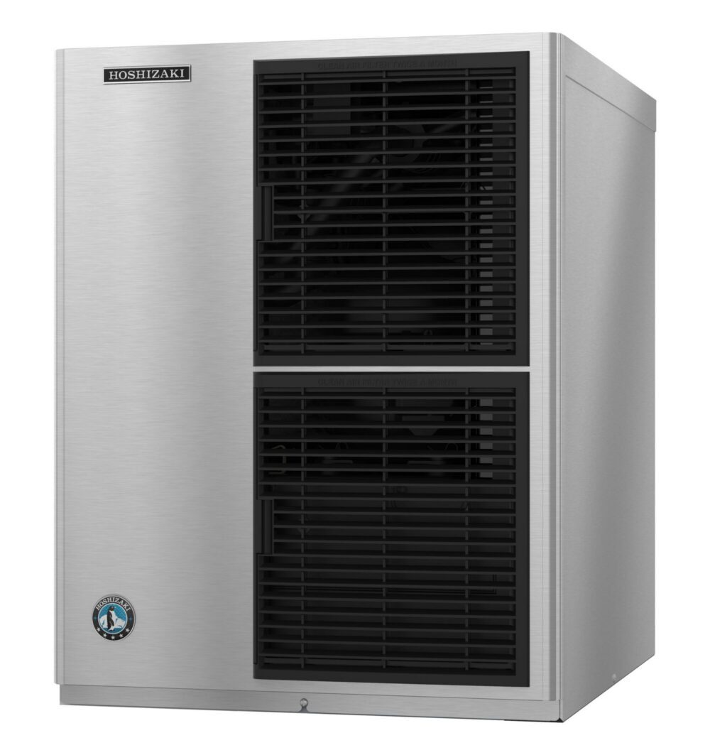A stainless steel Hoshizaki commercial ice maker with two black ventilation grilles on the front.